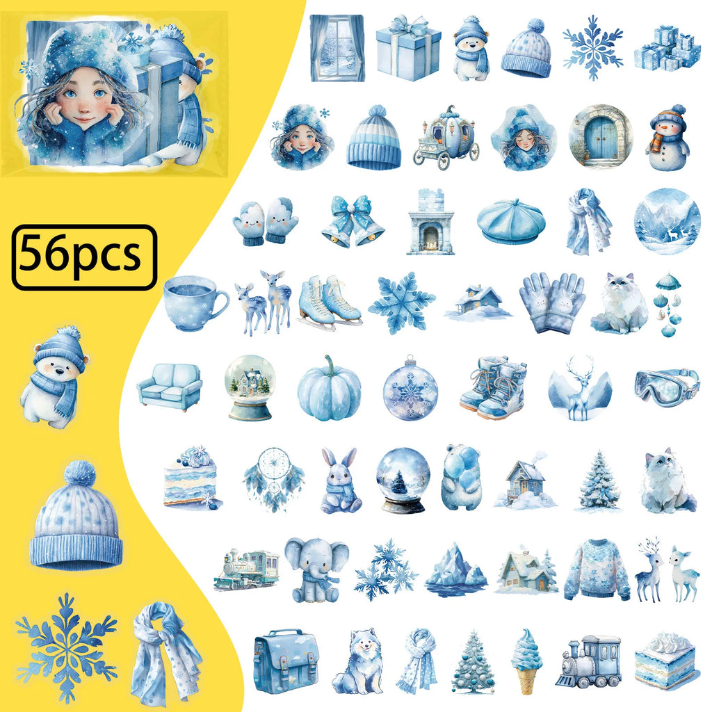 56PCS Blue Winter Miracle Transparent PET Stickers Snowman Gloves Crystal Balls Mixed Coating Stationery Crow Sticker