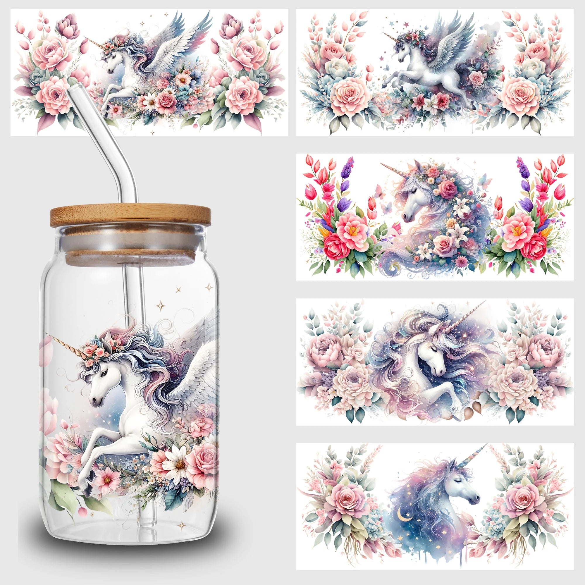 5 sheets unicorn UV DTF cup packaging for 16oz glass cups, waterproof UV DTF stickers for 16oz glass cups, DIY, furniture, craft