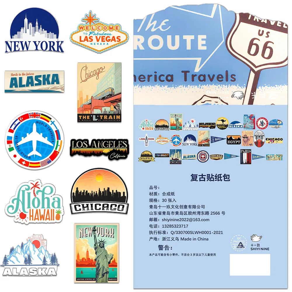 30PCS US Popular Route 66 Cartoon Fun Sticker Pack DIY Manual Account Phone Case Notebook Skateboard