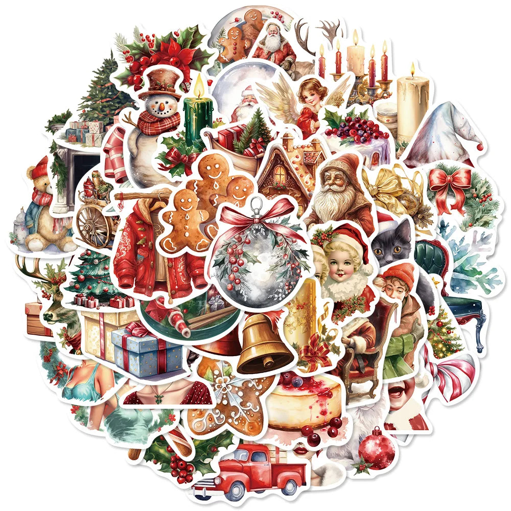 50PCS Vintage Christmas Stickers Notebook Retro Aesthetic Art Laptop Luggage Scrapbooking Decoration Waterproof Decals ﻿