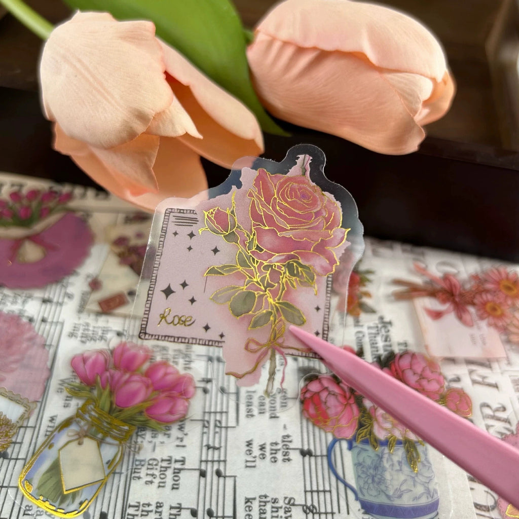50/100PCS Cartoon Hot Stamping Flower Heart Language Sticker Pack Waterproof Transparent PET Decor Notebook Stationery Stickers