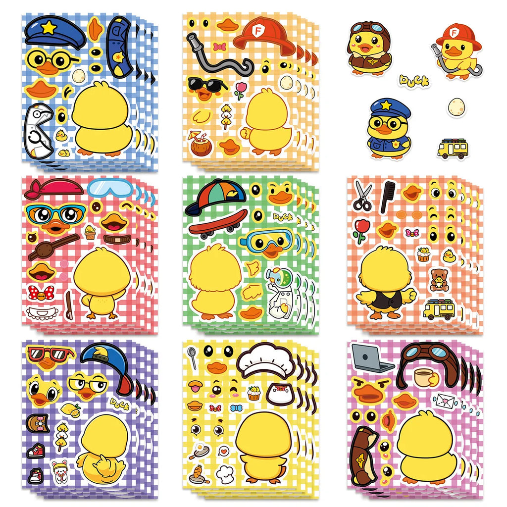 8/16/24Pcs Cute Duck Make A Face Puzzle Stickers, Kids DIY Waterproof Decals for Notebook Laptop Guitar Suitcase