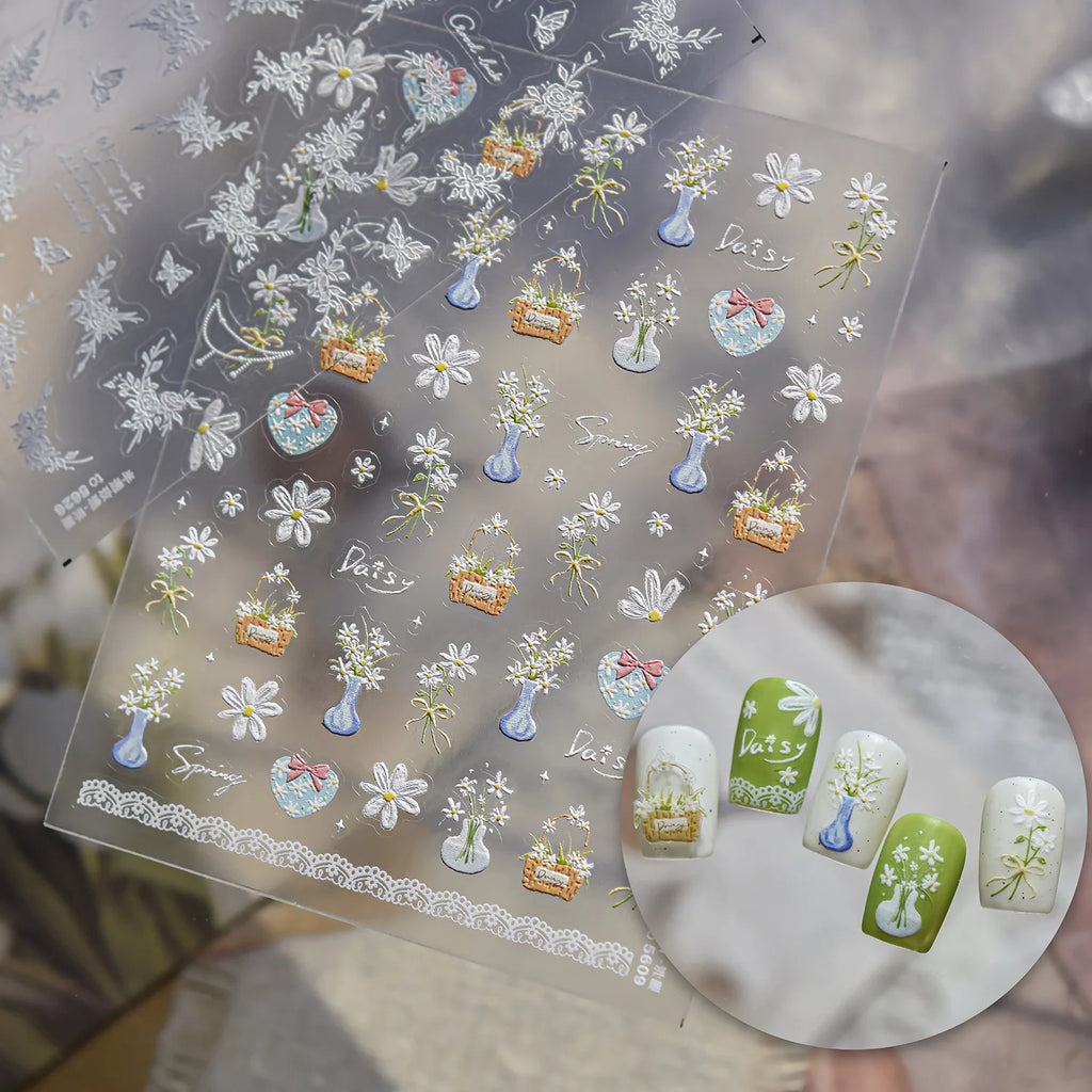 Spring Flowers Nail Charms Stickers 5D Semi-transparent Rose Daisy Flowers Self Adhesive Manicure Decorations Sticker Decals DIY