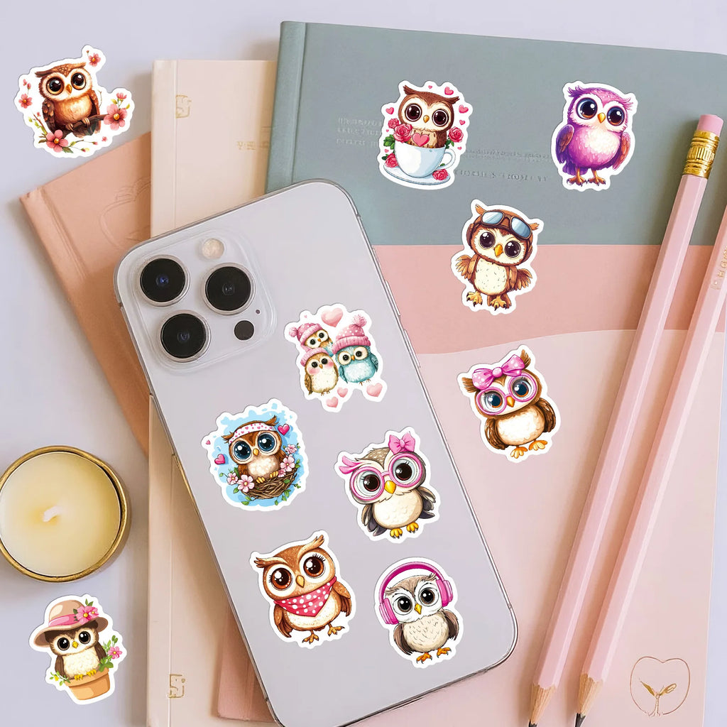 56/112 Pcs Pink Big Eye Owl Cute Doodle Stickers DIY for Scrapbook Notebook Stationery Box Phone Lunch Box Reward Decals