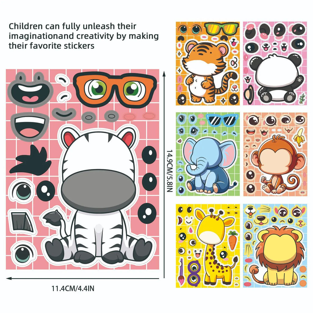 8/16/24PCS Cartoon Animal Puzzle Stickers Make a Face Cartoon Decals Stationery Notebook Phone Laptop Decoration Stickers
