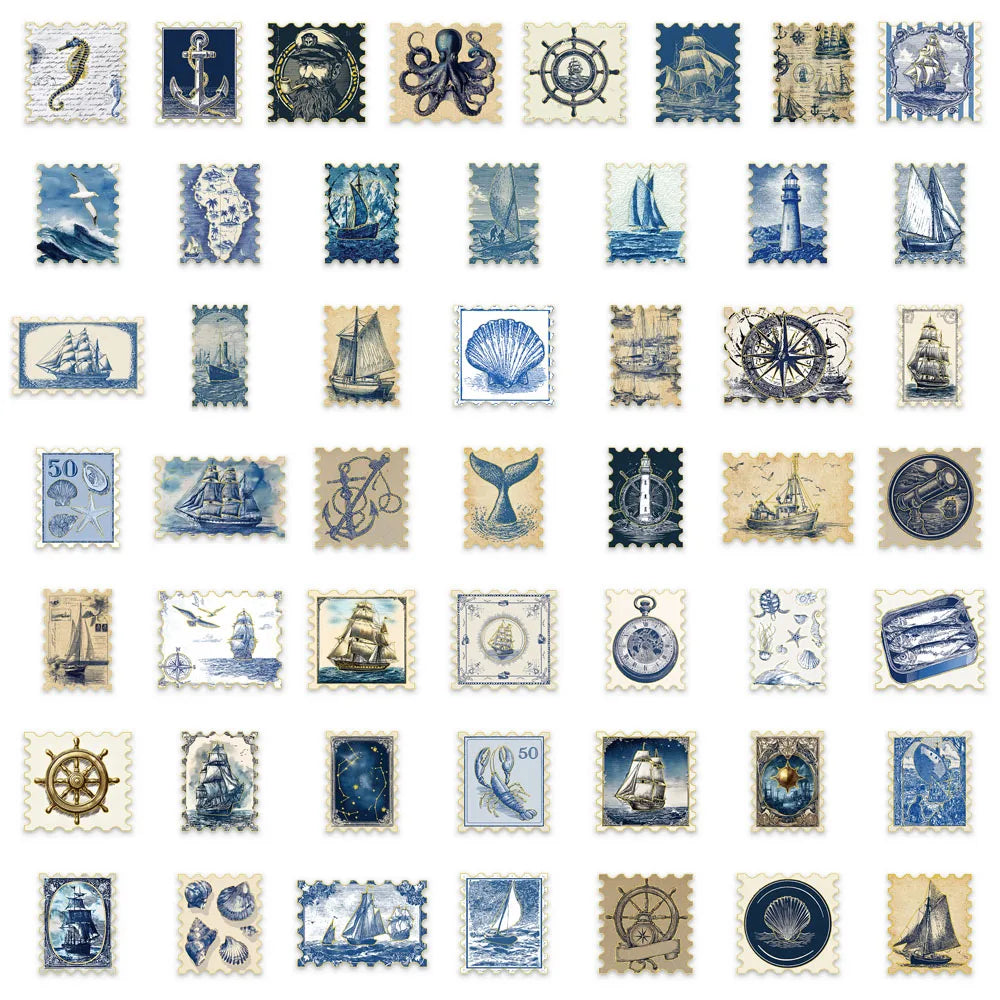 50PCS Composite Marine Blue Stamp Decoration Stickers Computer Scrapbook Refrigerator Phone Case Decoration Hot Stamping Sticker