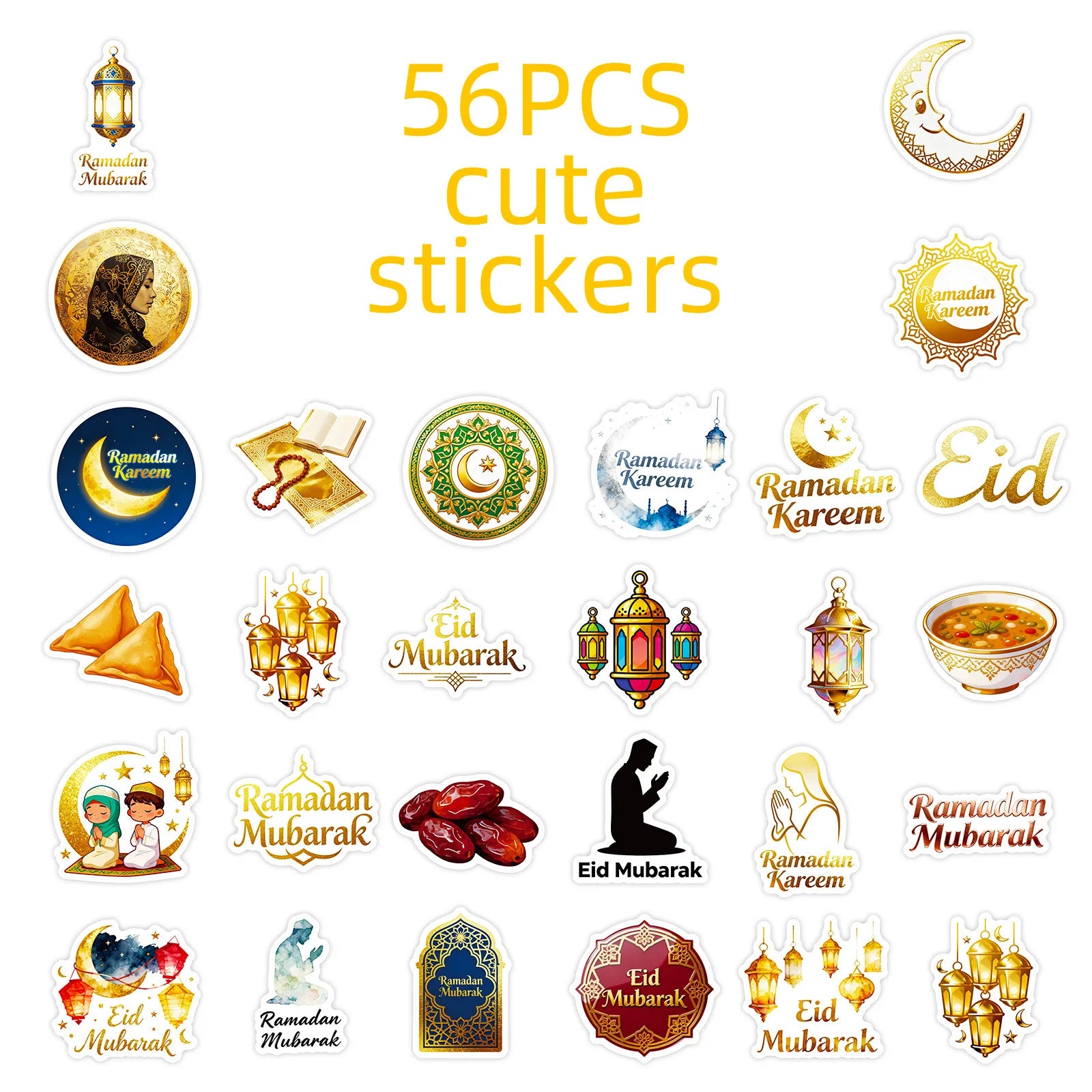 56PCS Traditional Festival Greetings Cartoon Graffiti Stickers Moon Lantern Design for Notebook Luggage Refrigerator Decoration