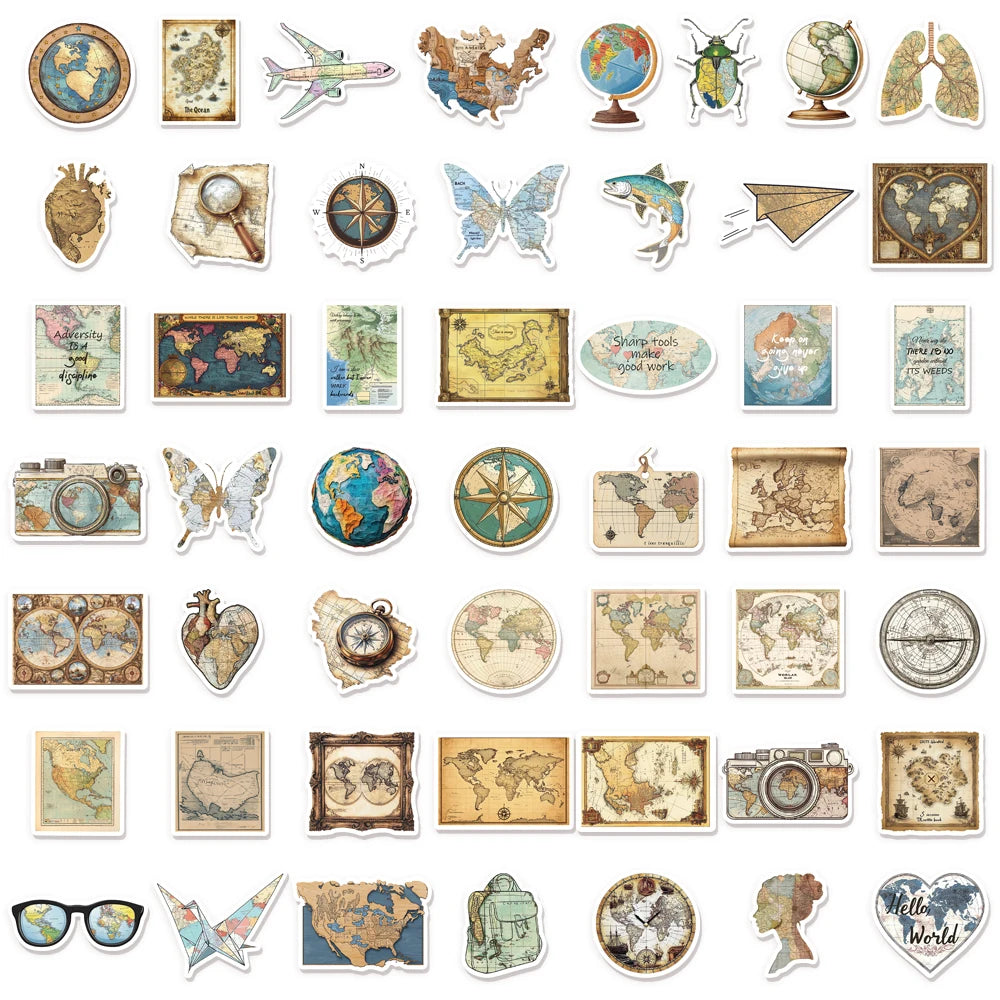 50PCS Retro Map Stickers Decorative DIY Creative Phone Cases, Laptop Cups, Speakers, Toy Stickers