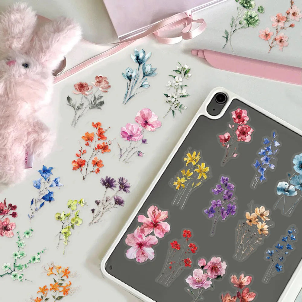 50PCS Color Ink Flower Sticker Pack Waterproof Transparent PET Brochure Flower Material Decorative Notebook Waterproof Stickers