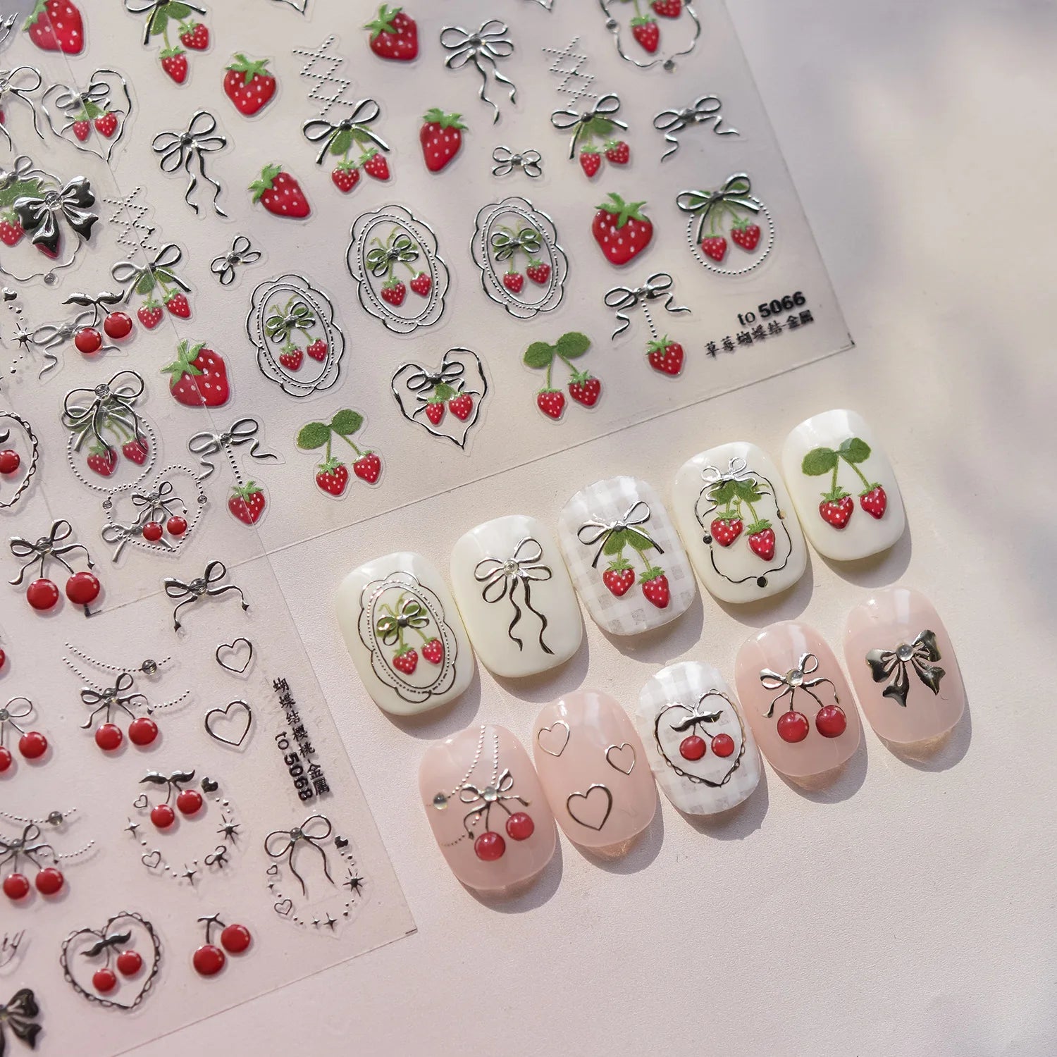 Sweet Strawberry Bow Nail Art Stickers 5D Gold Silver Strawberry Cherry Metal Nail Stickers DIY Japanese Nails Decoration Decals