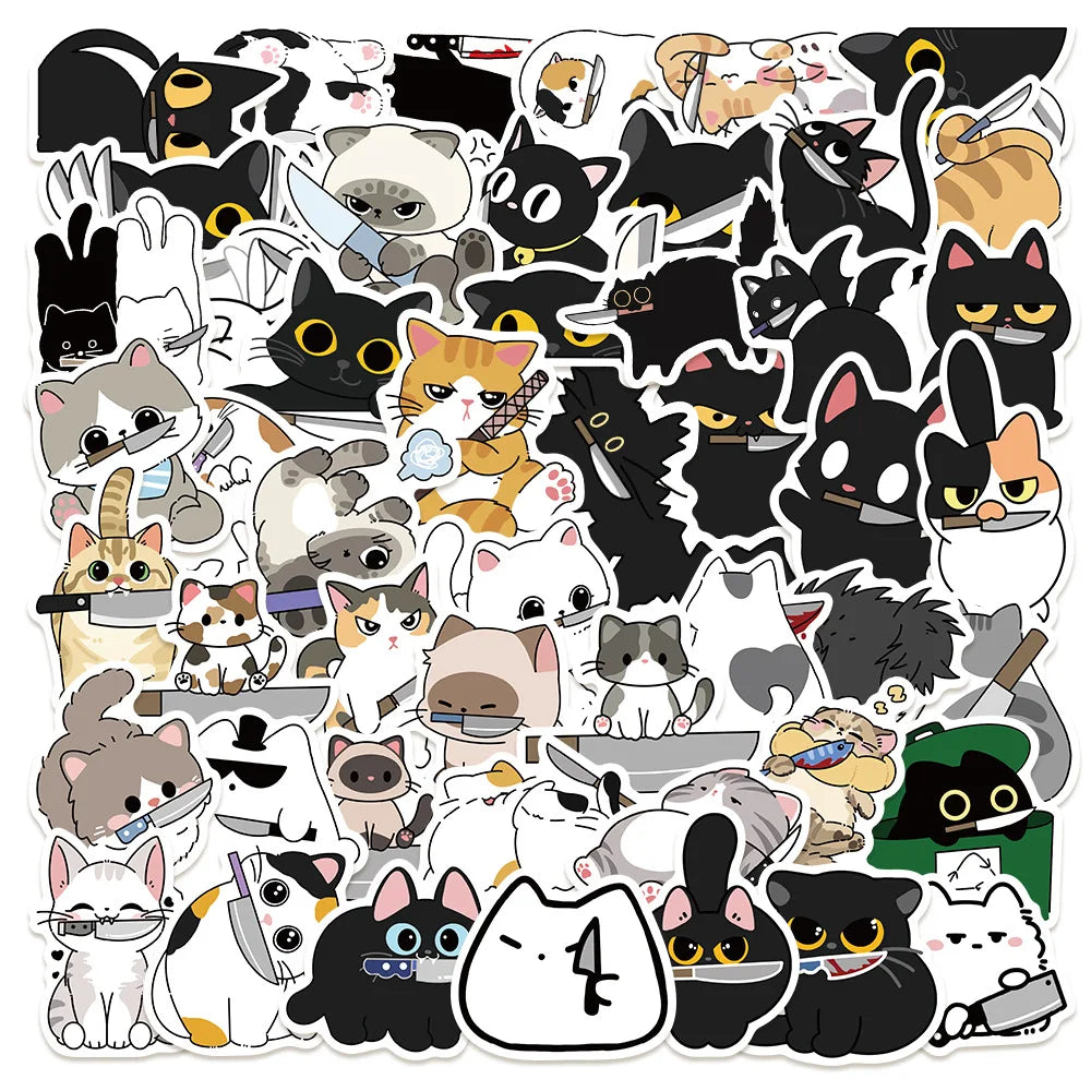 50/100PCS Cat with Knife Graffiti Stickers Cross border Cute Animals Cat DIY Phone Case Luggage Waterproof Stickers