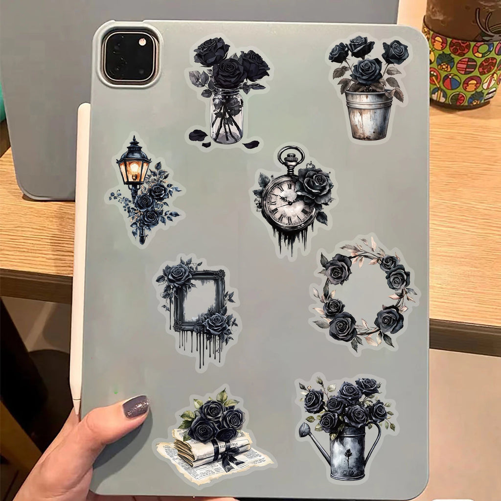 50PCS Transparent Cartoon Dark Rose Sticker Suitcase Laptop Material PET Bookkeeping Pack Creative Guitar Scrapbook Stickers