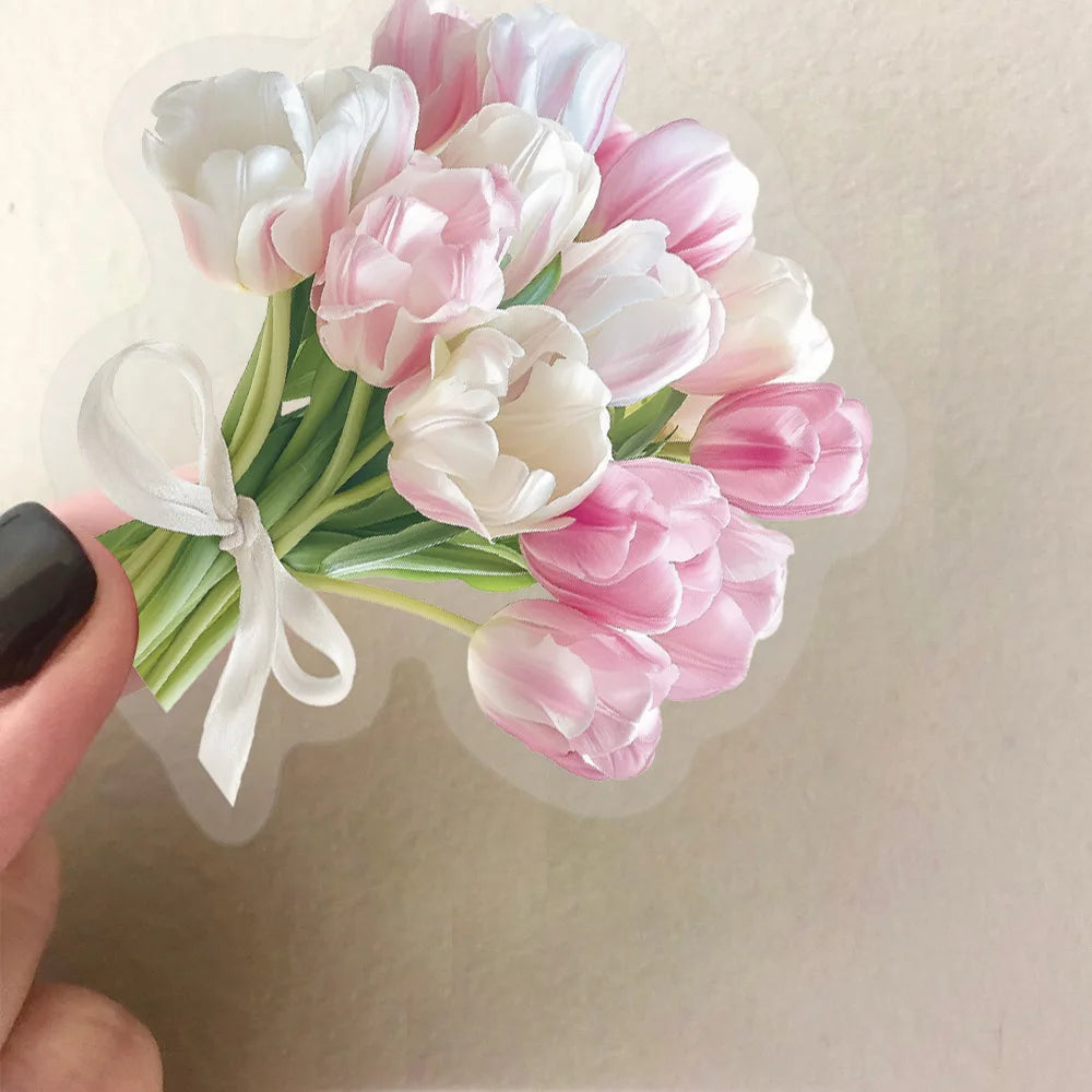 50Pcs Transparent Tulip Waterproof Toy Sticker Decorative Water Cup Bookcase Window Luggage Refrigerator Sticker Not Repeat