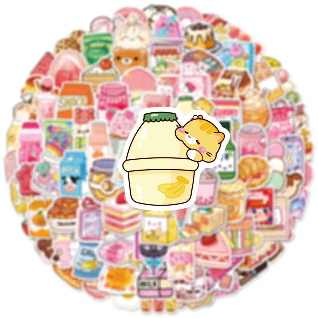 100PCS Cute Snack Stickers for Notebook Stationery Skateboard Helmet