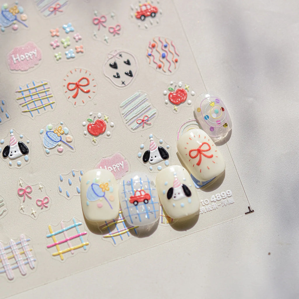 Cute Graffiti Lines Nail Art Stickers 5D Embossed Butterfly Rabbit Nail Art Accessory Stickers DIY Japanese Self Adhesive Decals
