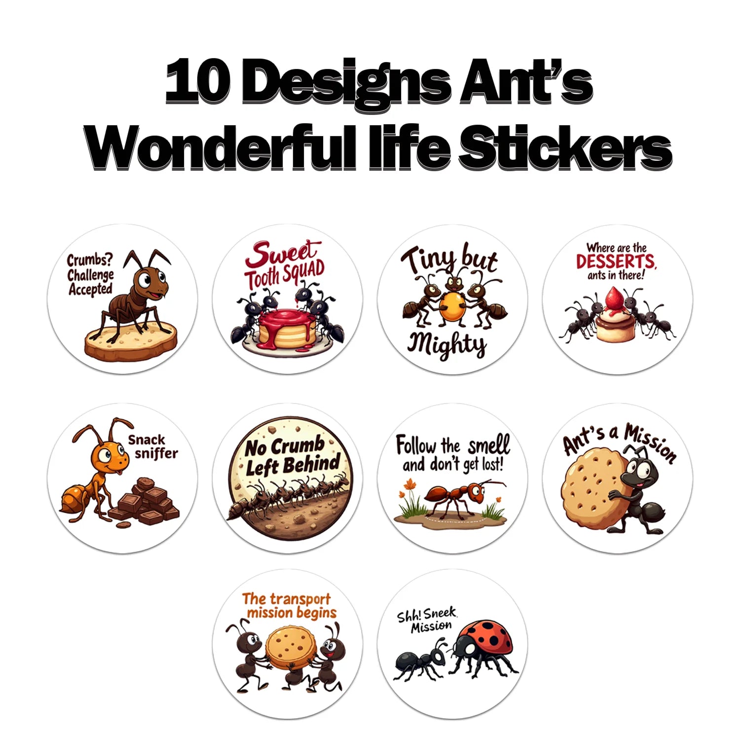 1Roll(500Pcs) The Ant Kingdom of Unity and Collaboration Stickers 2.5cm/1.0'' 10 Designs Decals Diy Adorn Gifts Sealing Labels