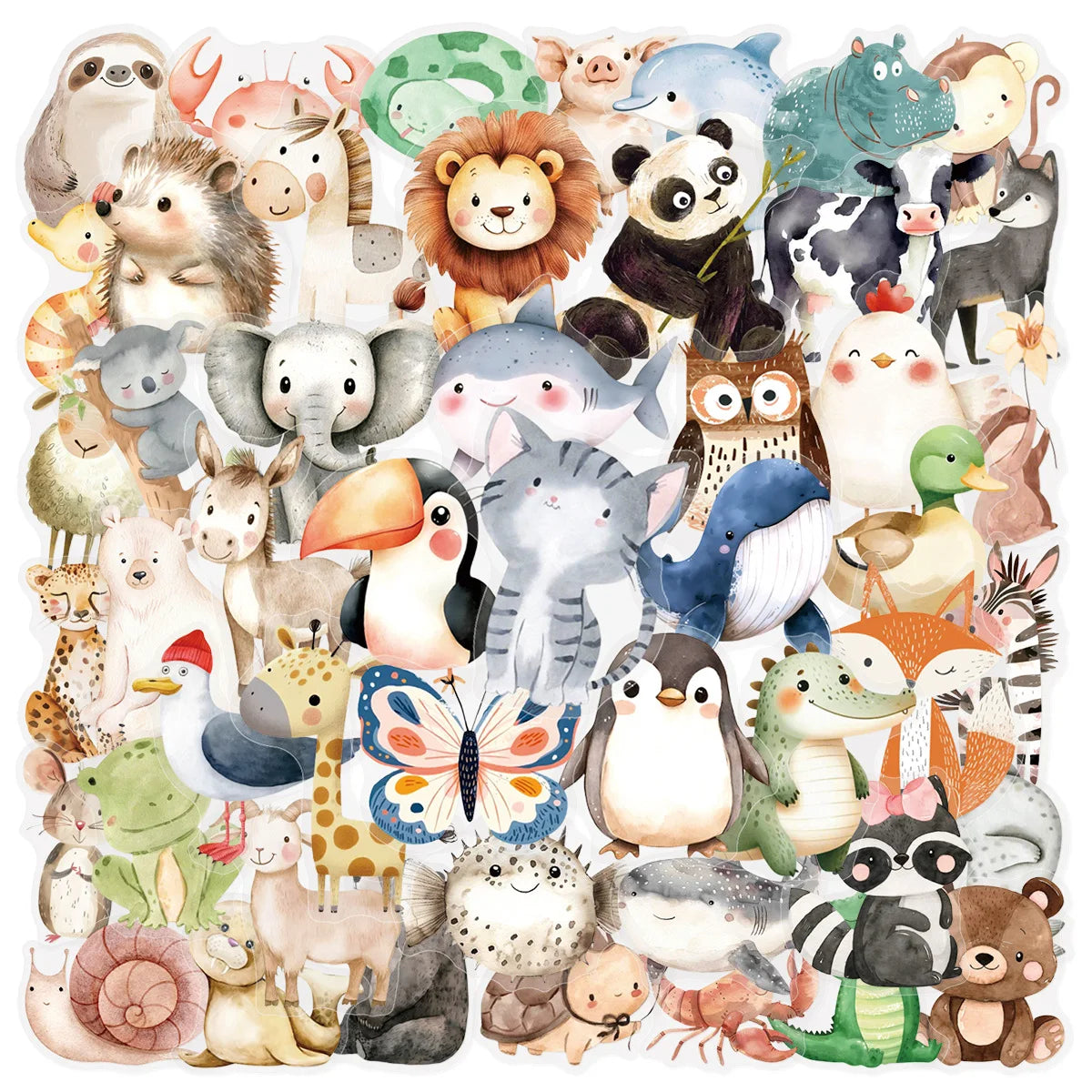 50/100PCS Transparent PET Watercolor Animal Stickers DIY Laptop Decoration Stationery Stickers