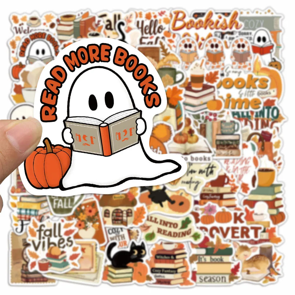 50PCS Book Scroll Autumn Graffiti Stickers Cartoon Cute Ghost Book Graffiti DIY Manual Tags Book Scroll Notebook Stickers