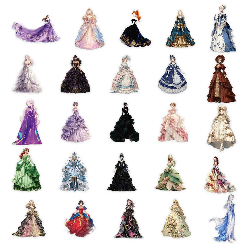 50-Pack Girl Dress Transparent Waterproof Stickers for DIY Mobile Phone Luggage Box Stationery Notebook Decoration