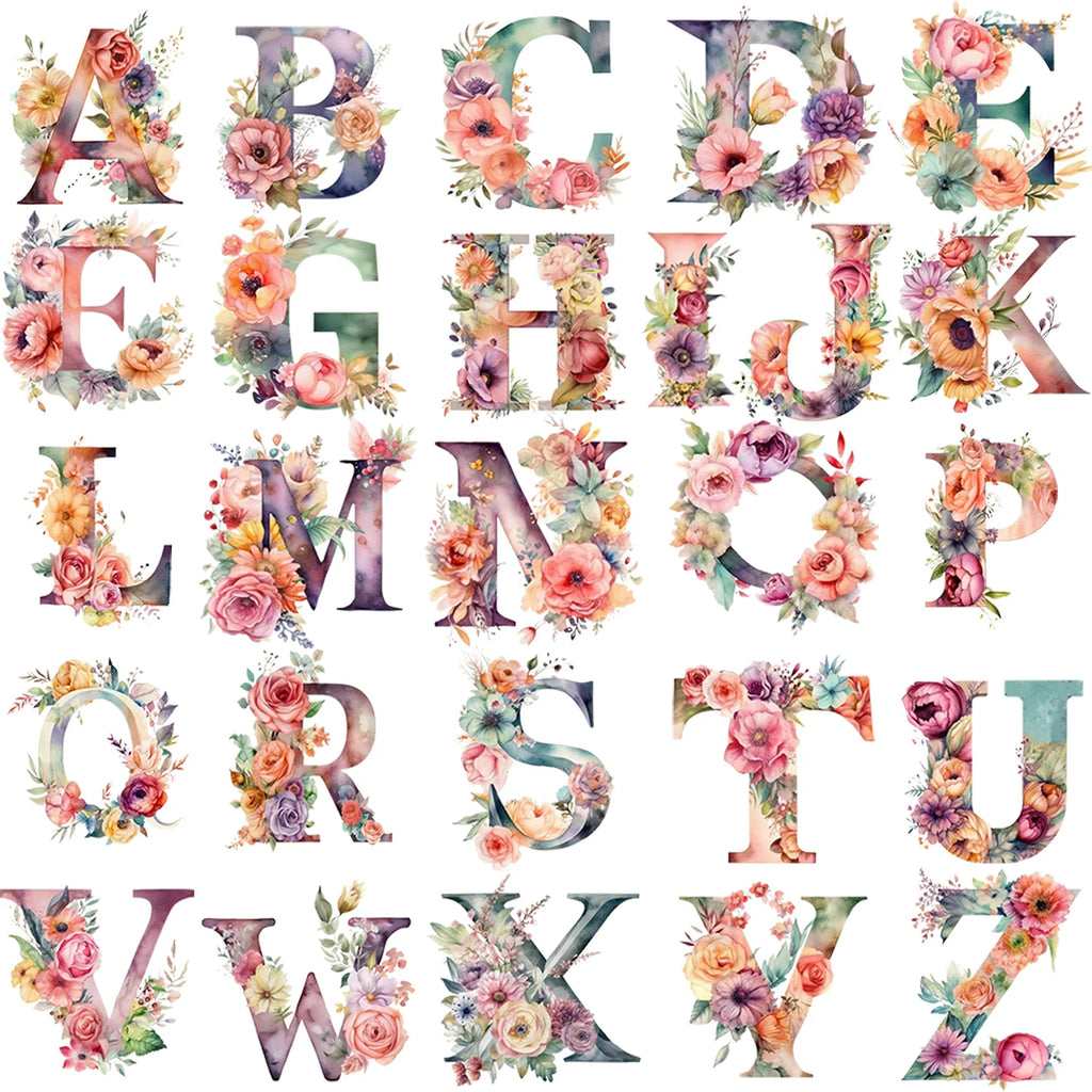 2 Sets of 2 Inch Personalized Floral English Alphabet Theme Print Iron-On Decals for Heat Transfer Galaxy Inspirational Decals