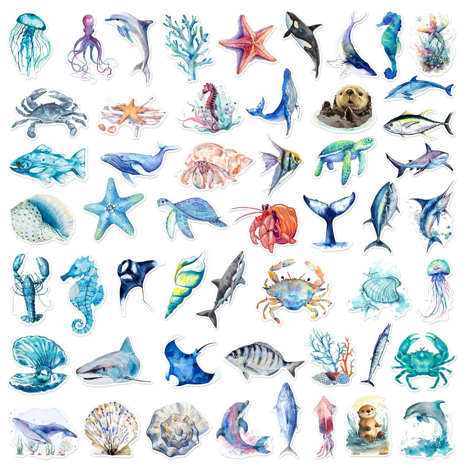 50pcs/pack New Hand Drawn Ocean Series Graffiti Stickers For Luggage Phone Guitar Water Cup Movable Stickers