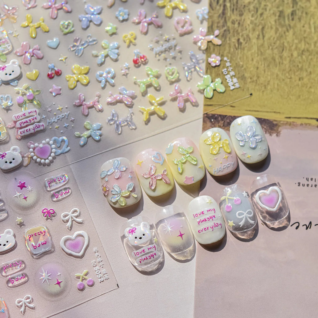 Sweet Puppy Dog Happy Day Cute Cherry star Rich Pink Love Heart Pretty Bowknot 5DNail Art Sticker Self Adhesive Manicure Decal