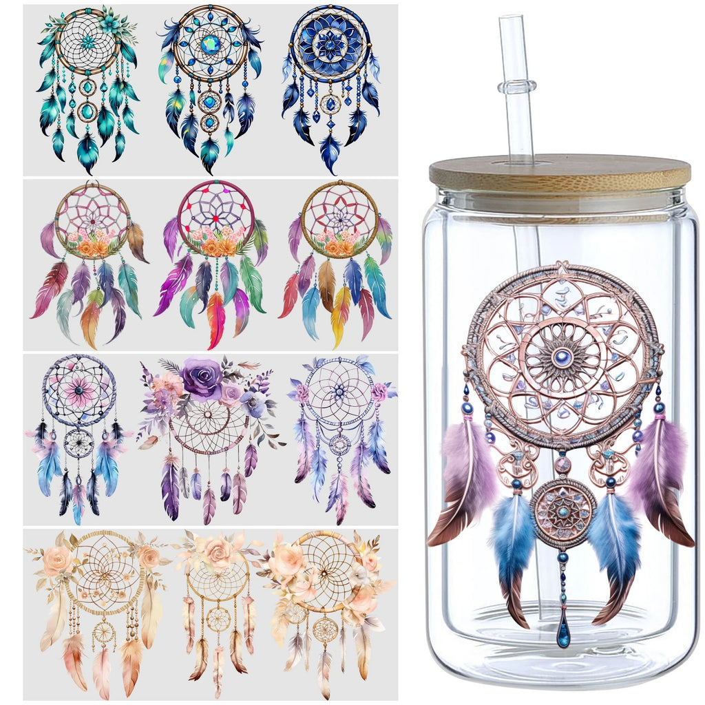 5 Sheets Dream Catcher UV DTF Cup Stickers, DTF Friction Transfer Stickers, Waterproof Transfer Stickers for 16 Ounces Glass Cup