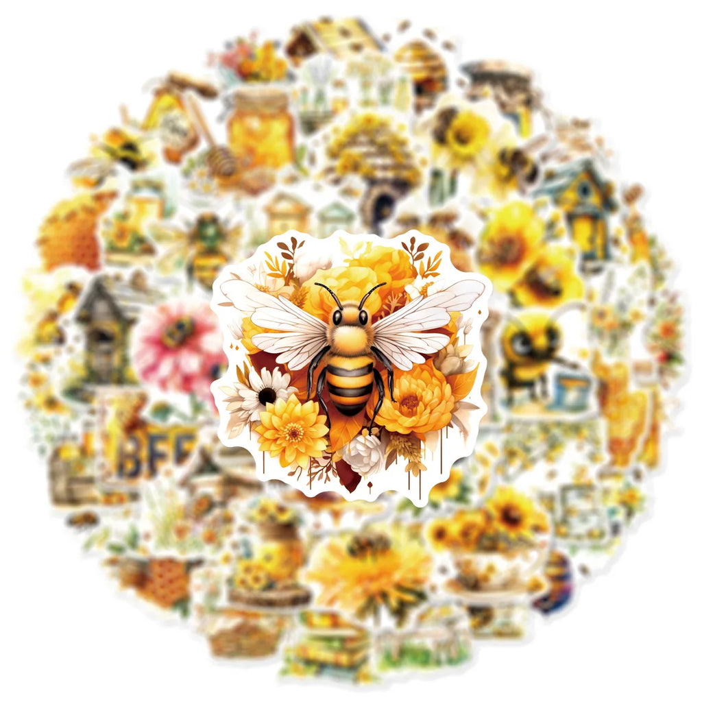 50PCS Bee Flower Graffiti Stickers Notebook Water Cup Luggage Handbag Decoration Non repeating Waterproof Stickers