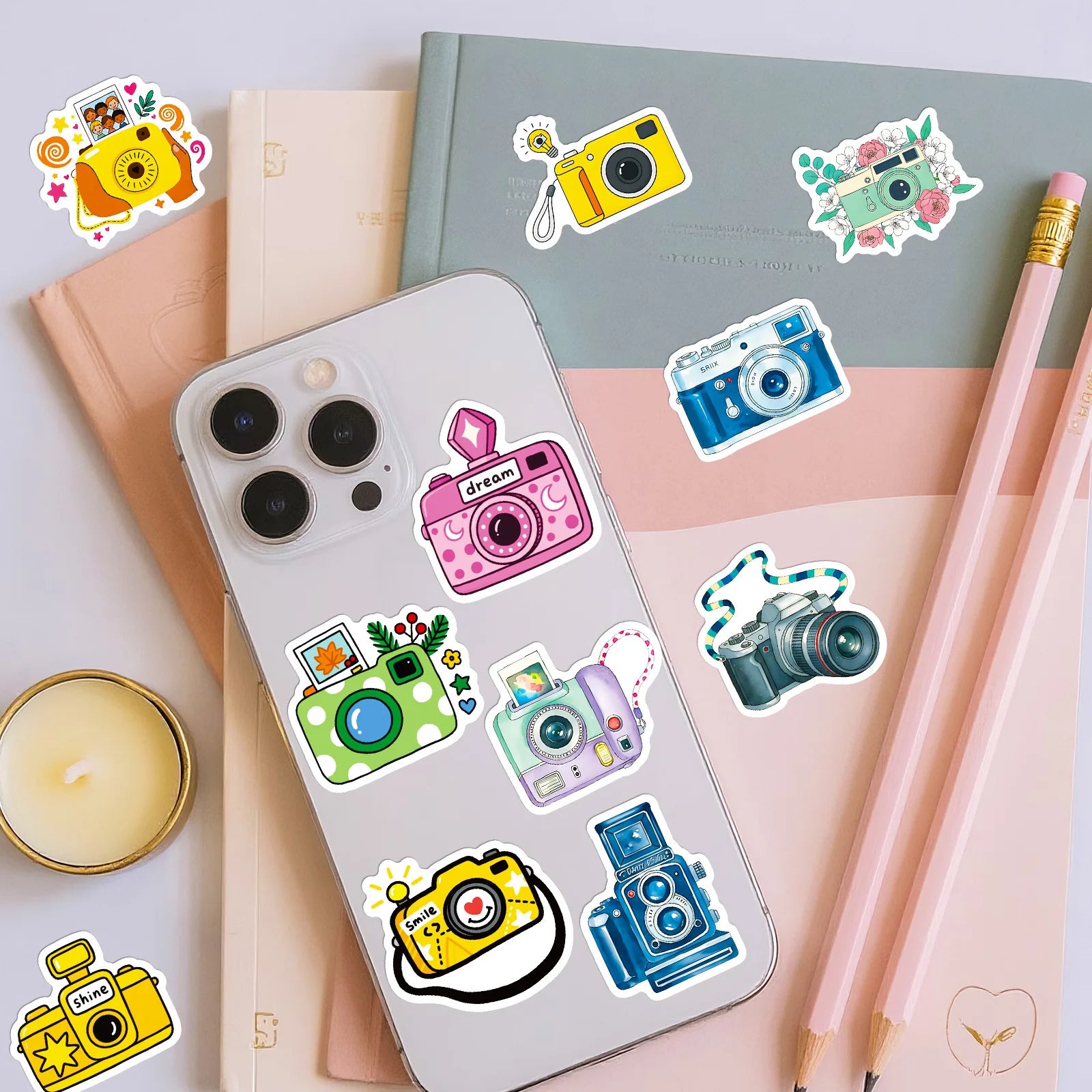 56/112 Pcs New Cartoon Camera Photography Doodle Stickers Creative Cute Handmade Decal Reward for Stationery Box Phone Fridge