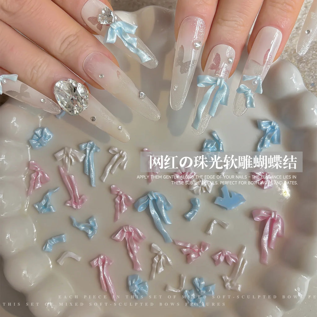 20pc Cute Pearlescent Soft Carving Ribbon Bow Nail Charms 2-21mm Mix Kawaii Bowknot Nail Rhinestones 3D Resin Manicure Accessory