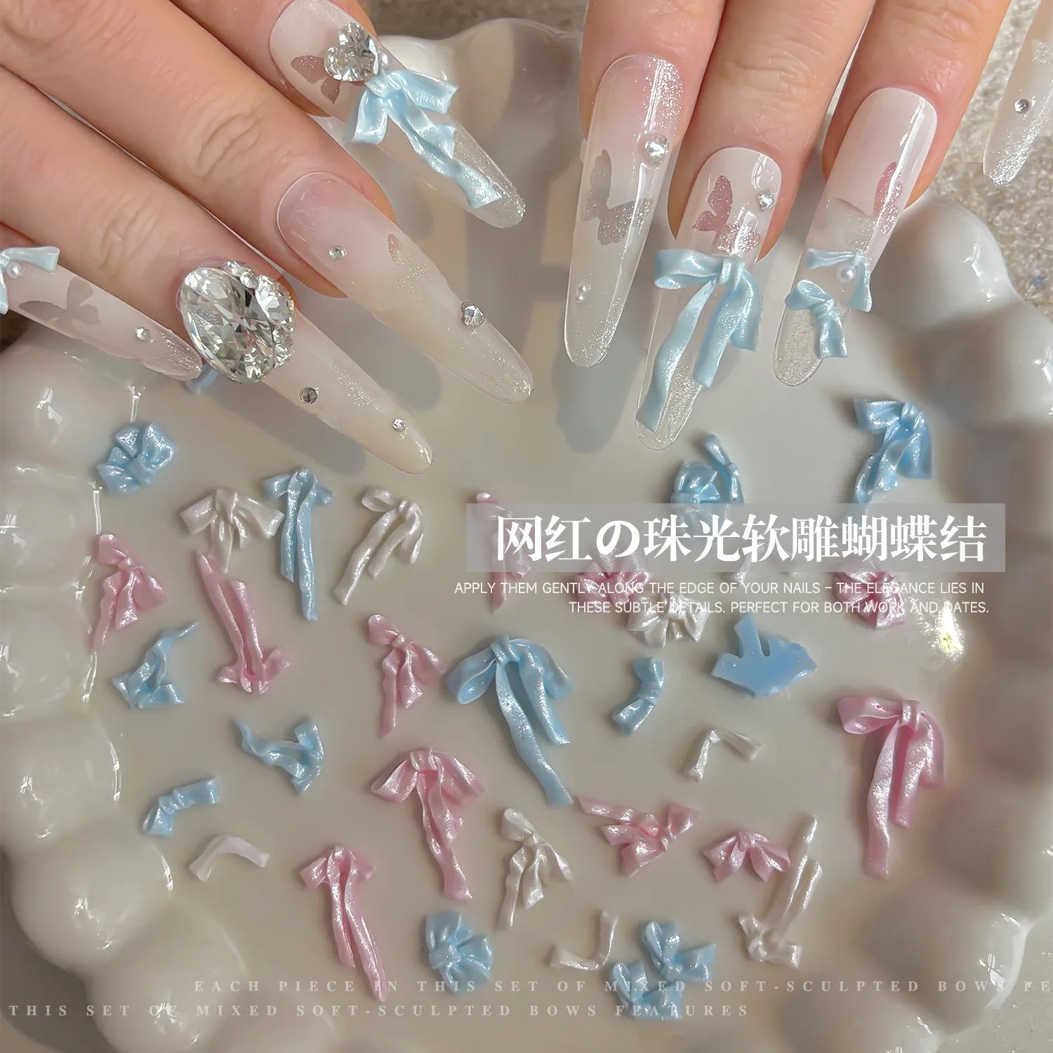 20pc Cute Pearlescent Soft Carving Ribbon Bow Nail Charms 2-21mm Mix Kawaii Bowknot Nail Rhinestones 3D Resin Manicure Accessory
