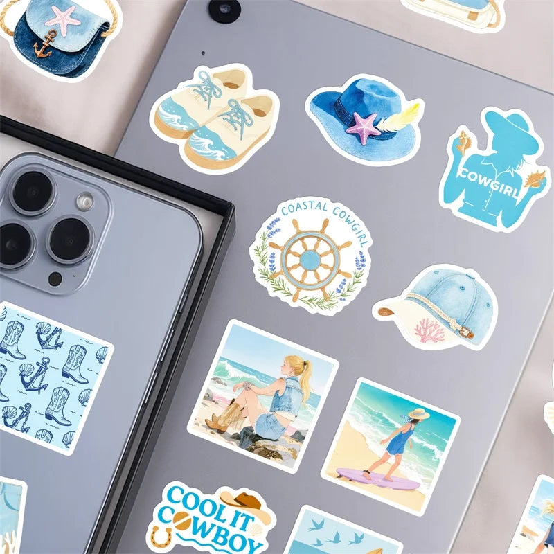10/30/56PCS Kawaii Blue Seaside Life PVC Sticky Stickers Aesthetic DIY Colored Phone Laptop Luggage Skateboard Graffiti Decals