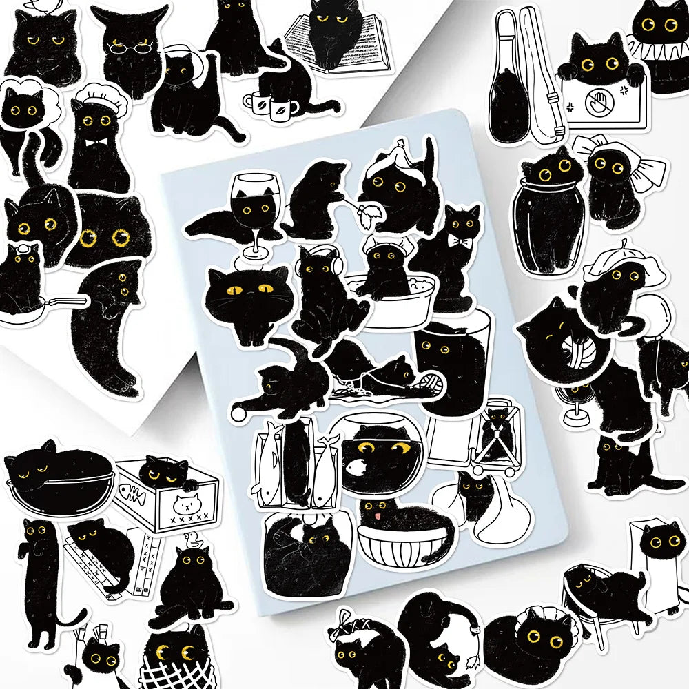 50PCS Black Cat Log Stickers Pack Cartoon Account Children Stickers Phone Water Cup Notebook Decoration
