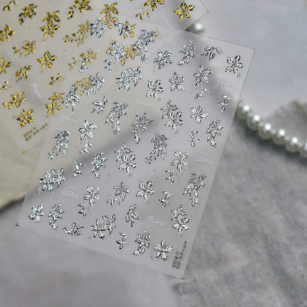 Luxury Metal Hand Painting Nail  Stickers Gold Silver Flowers Nail 3D Decorations Sticker DIY Adhesive Manicure Accessory Decals