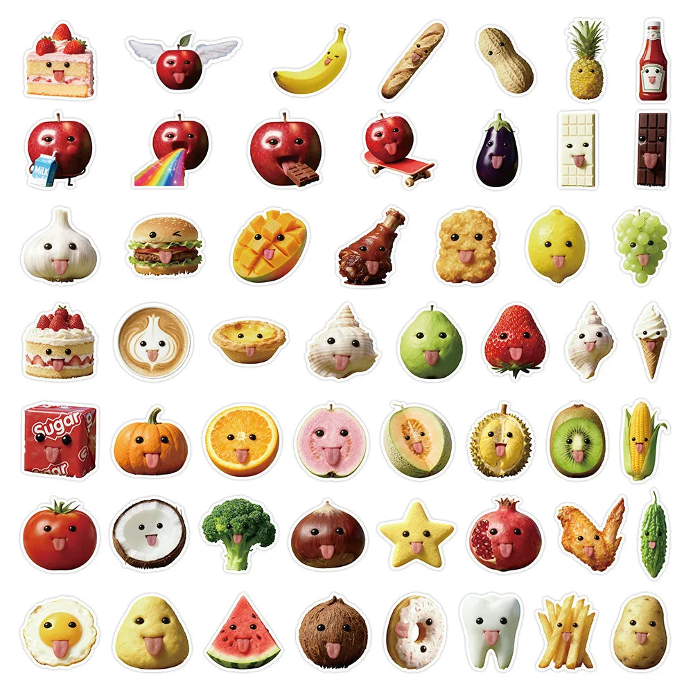 50-Pack Abstract Cartoon Fruit Food Stickers Funny Creative Decoration for Luggage Water Bottles Stationery Notebooks