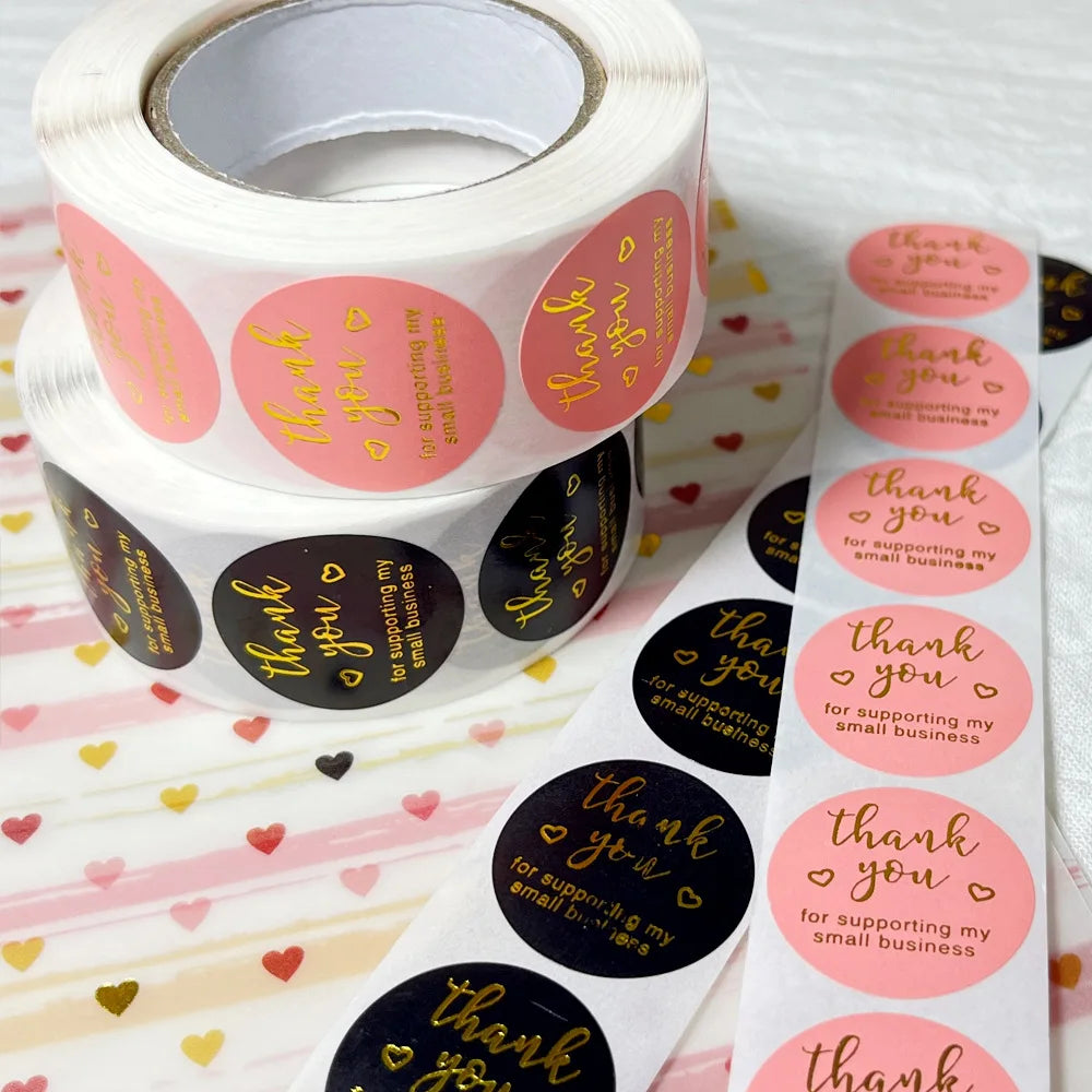 500Pcs/Roll Gilding Thank You for Supporting My Small Business Stickers Pink/Black 2.5cm/1.0inch Perfect for Aftercare