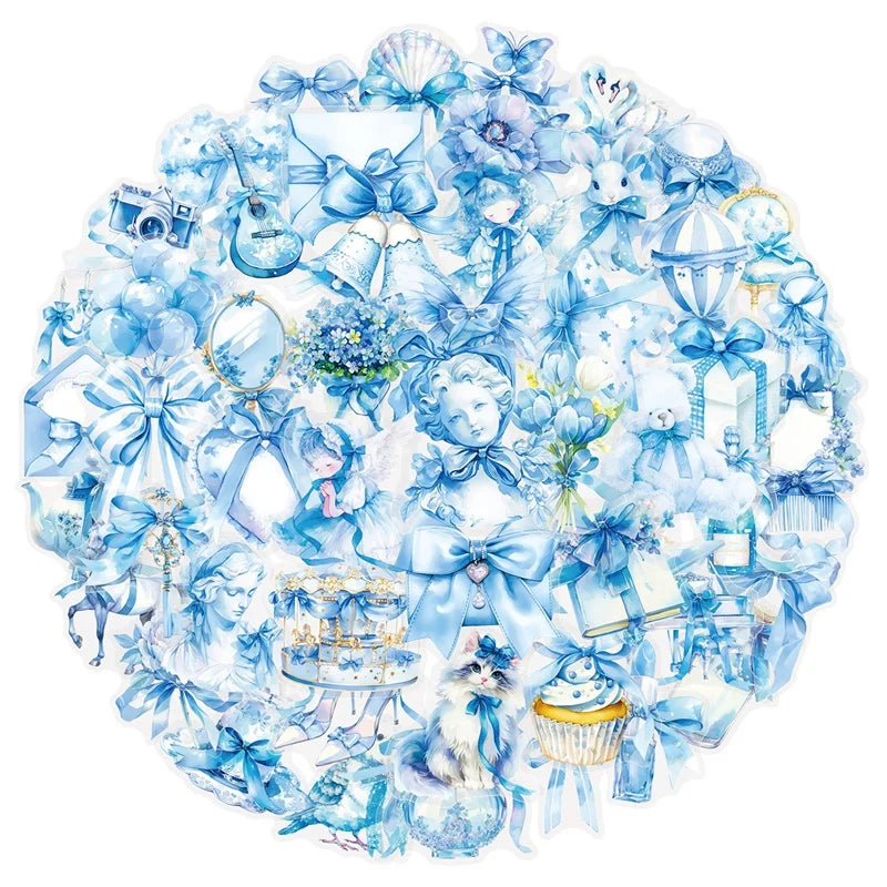 50PCS Kawaii Blue Bow PET Sticky Sticker Aesthetic Tear Open Korean Decoration Scrapbooking Stationery Supplies for Kids