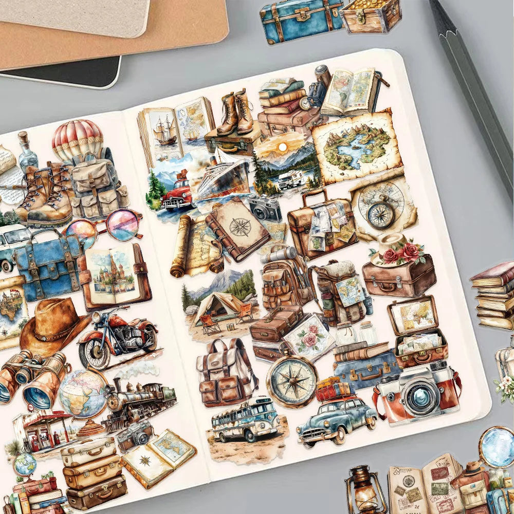 50pcs Vintage Travel Transparent PET Stickers Decals For Phone Laptop Notebook Suitcase Guitar DIY Cartoon Aesthetic Stickers