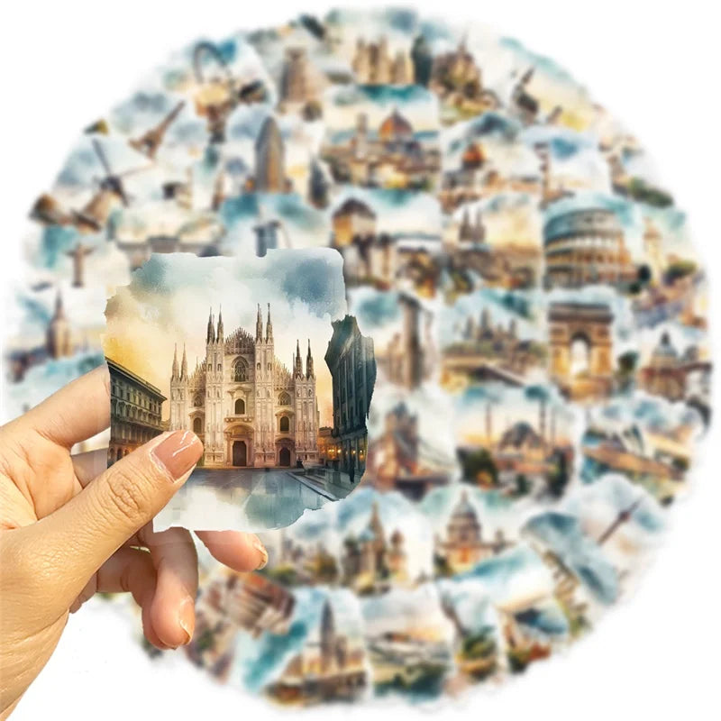 50PCS World Architecture PET Sticky Sticker Aesthetic Tear Open Decoration Scrapbooking Stationery Supplies for Kids