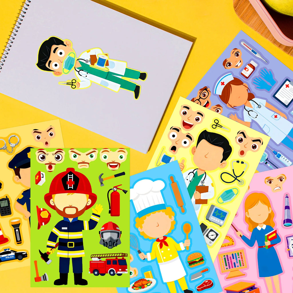 6/12 Pcs Large Different Profession Puzzle Make A Face Stickers Educational DIY for Notebook Stationery Box Desk Drawer Craft