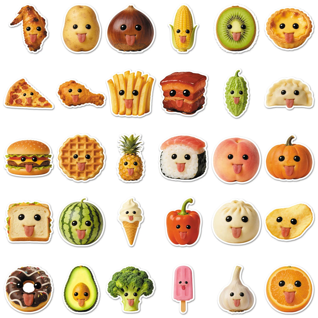 60-Piece Abstract Food Fun Emotion Graffiti Stickers Waterproof Decor DIY for Mobile Phone Case Helmet Guitar Notebook