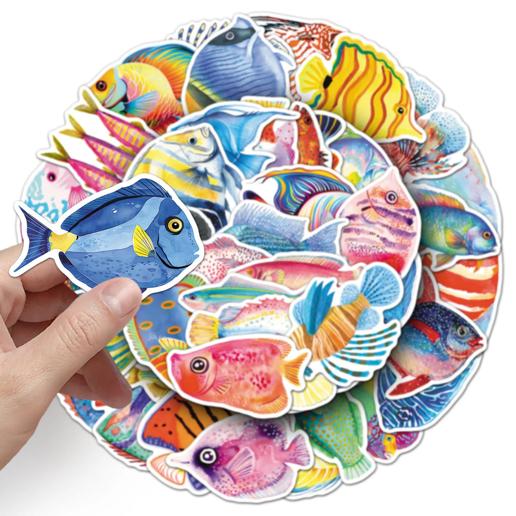 50PCS Cartoon Fish Stickers, Ocean Animal Colorful Fish Waterproof Computer Journal Student Stationery Decor Sticker