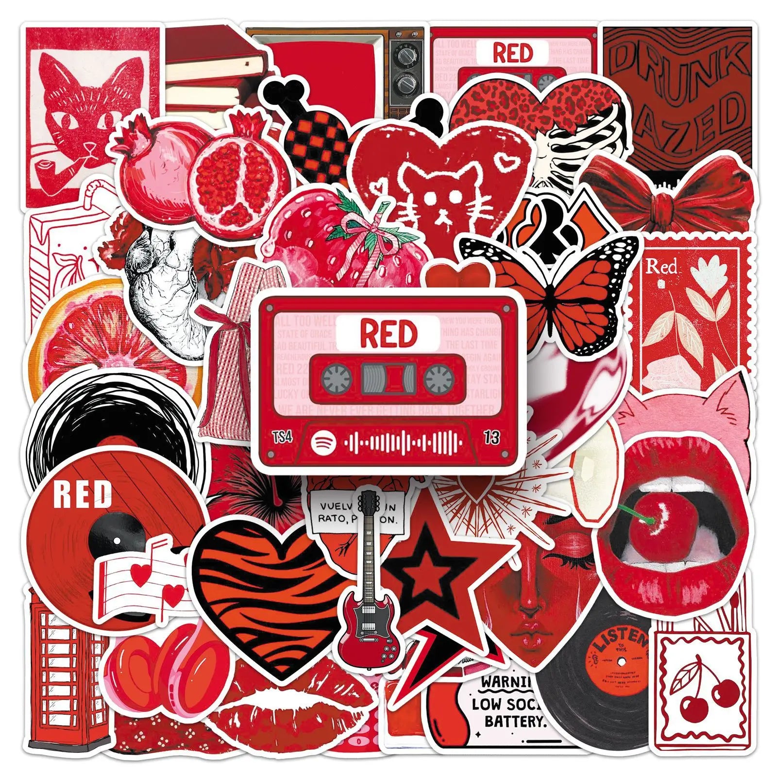50-Pack Y2K Red Graffiti Stickers Waterproof DIY Decorations for Luggage Helmets Guitar Cool Trendy Street Art Decals