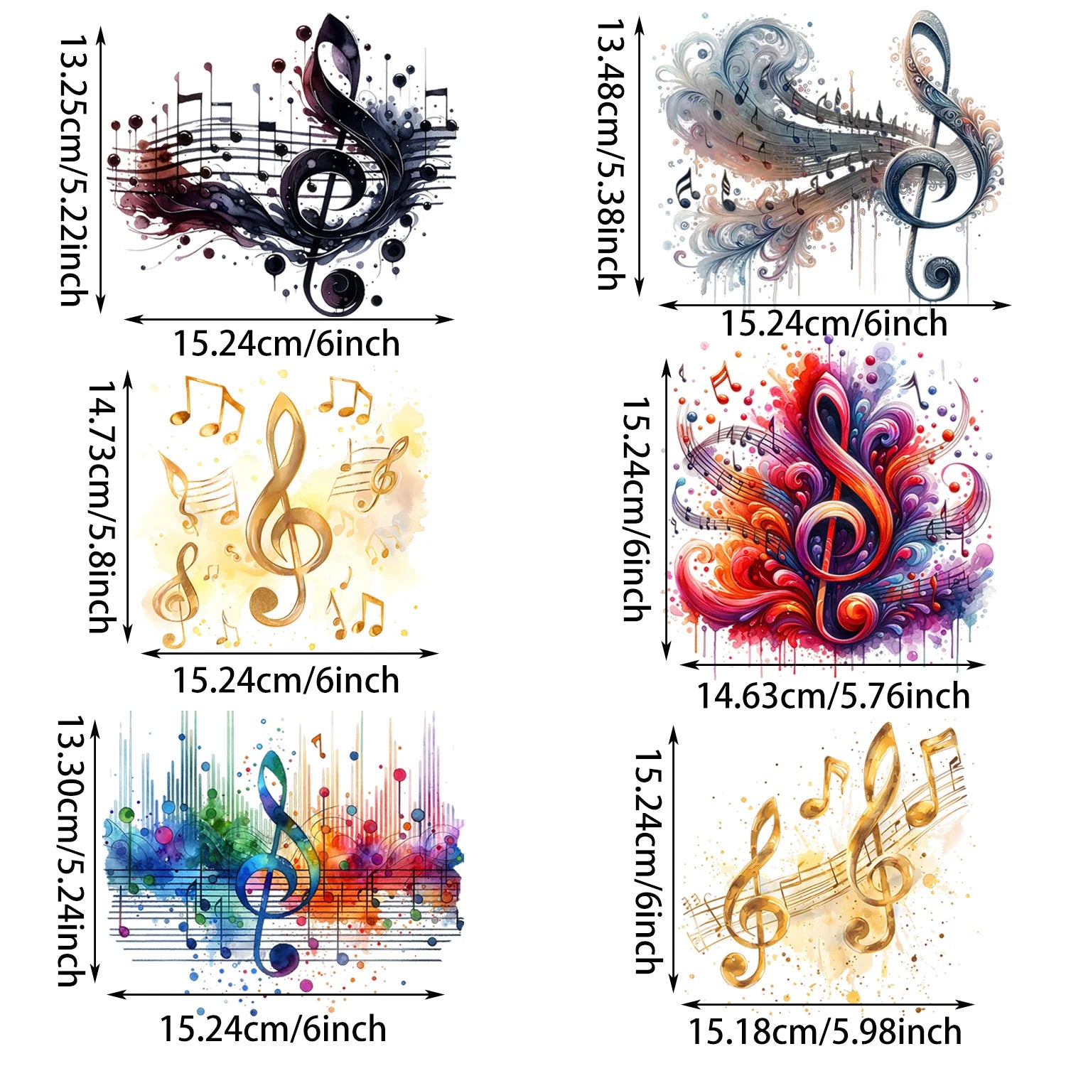 6  sheets Musical Note Theme Iron-On Decals T-Shirt Heat Transfers Suitable for DIY, Music, T-Shirts, Masks, Jeans, Backpacks