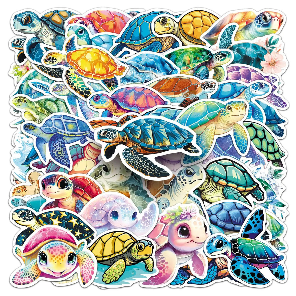 50-Pack Turtle Cartoon Ocean Animal Art Graffiti Waterproof Stickers for Thermos Guitar Helmet Luggage Student Stationery