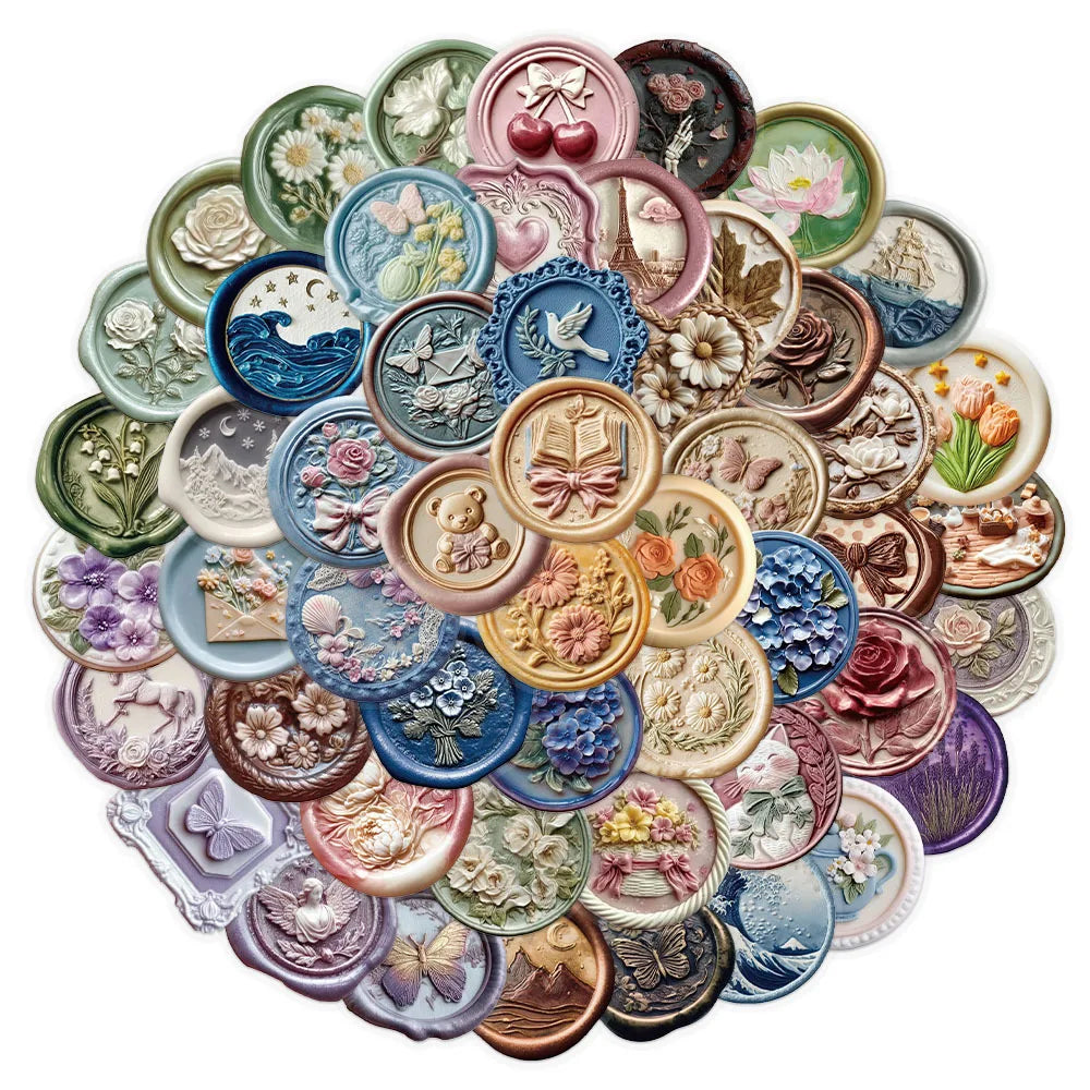 52-Pack Embossed Printed Paint Retro Waterproof Transparent PET Decor Stickers for Phone Envelope Stationery Notebook