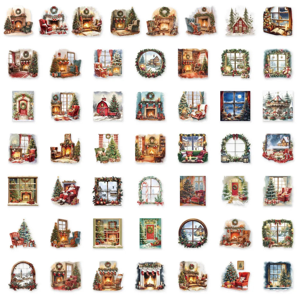50PCS Christmas Watercolor Scene Fireplace Stickers Set Fun Stickers DIY Brochure Decorative Notebook Tablet Toy Stickers