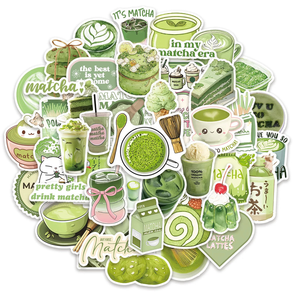 50/100Pcs Green Coffee Cake Fresh Style Stickers DIY for Notebook Skate Phone Helmet Album Fridge Removable Fade Resistant Decal