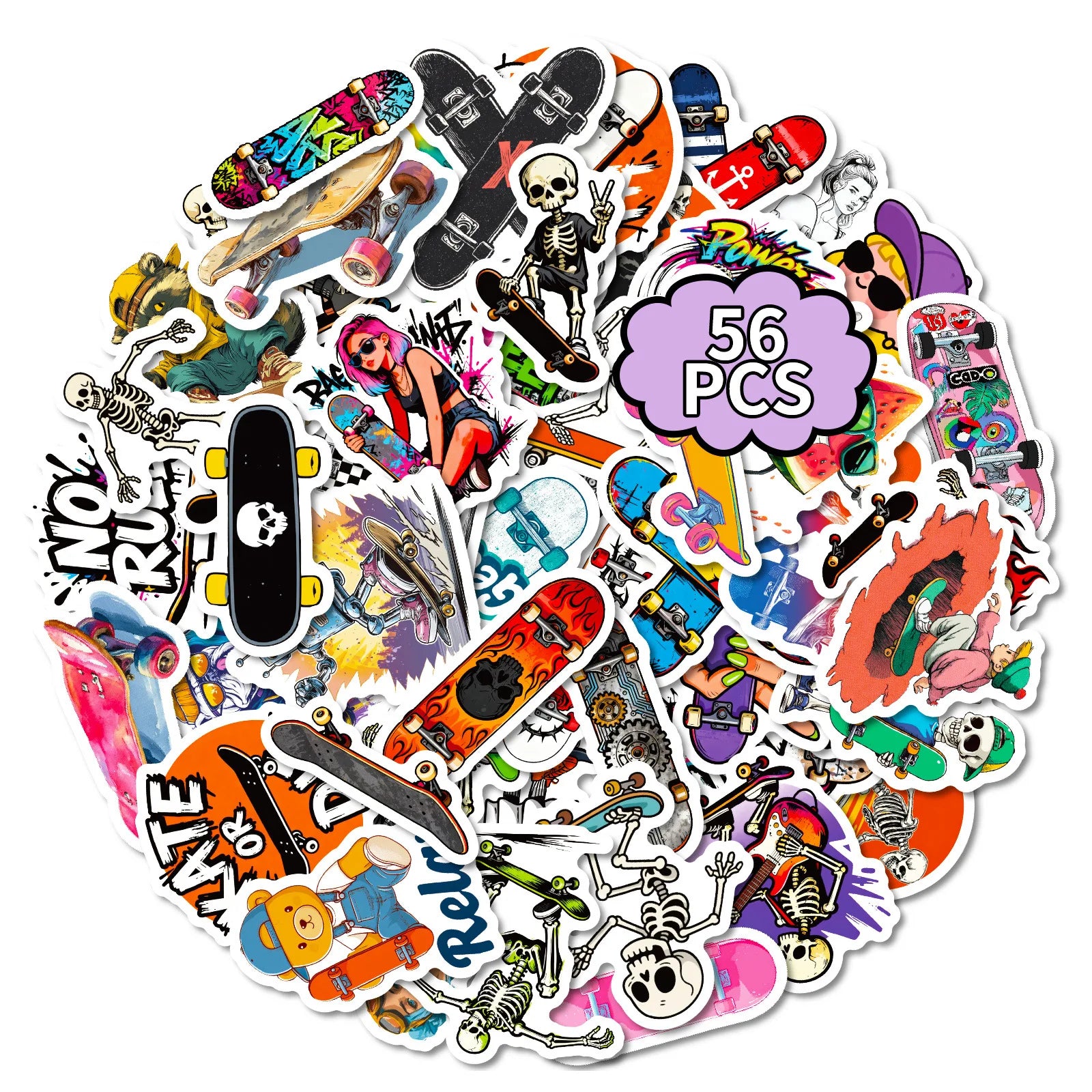 56PCS Street Style Skateboard Creative Stickers, Skate Enthusiast Student Notebook DIY Fun Waterproof Decorative Sticker