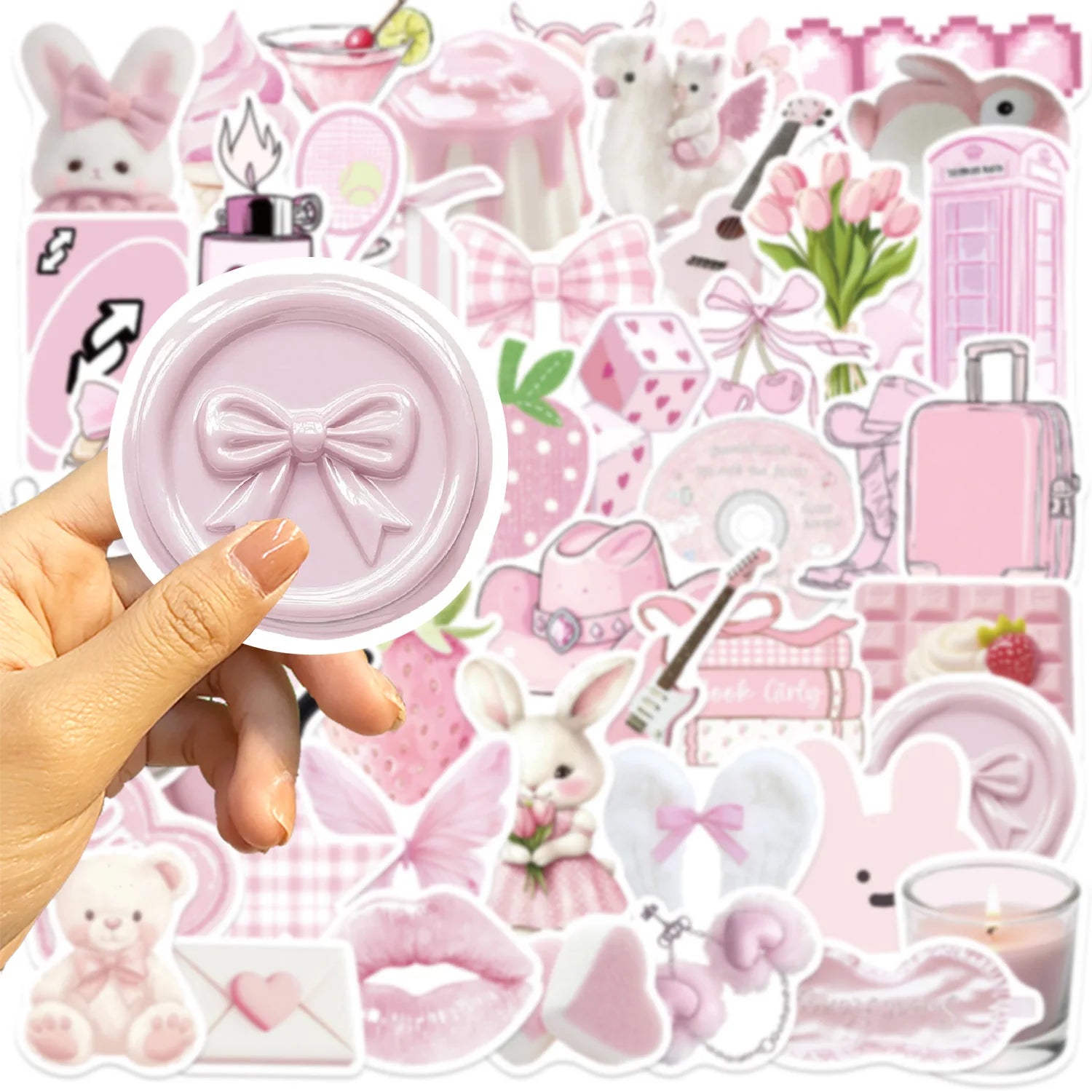 50PCS Cartoon Pink Gentle Aesthetic Stickers Decorative Guitar Notebook Luggage DIY Waterproof Stationery Stickers